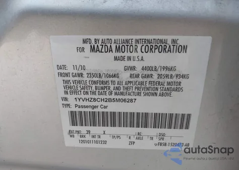 2011 Mazda Mazda6 I Touring z USA, uszkodzony, nr VIN 1YVHZ8CH2B5M06287